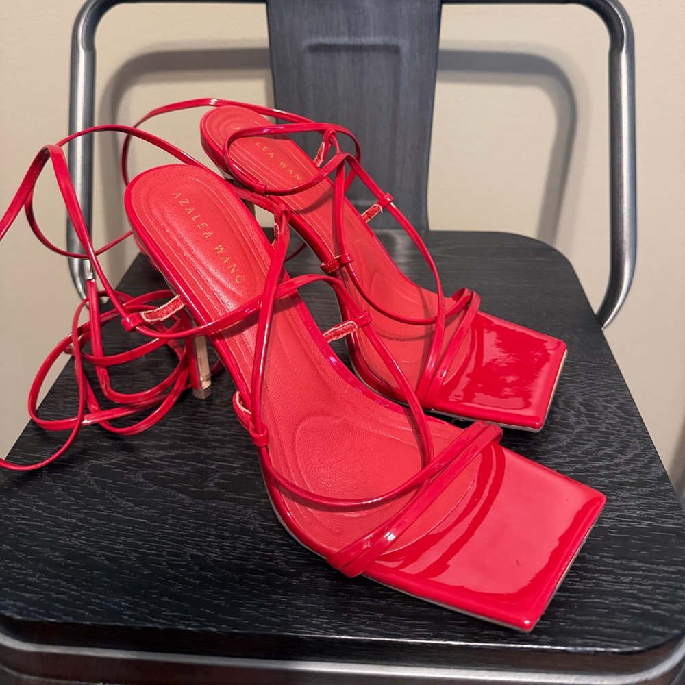 Azalea Wang Red Patent Lace Up Square Toe Heels Size 7 | Strappy Stiletto